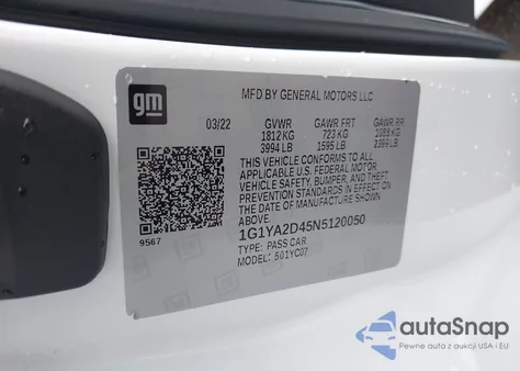 2022 Chevrolet Corvette Stingray Rwd 1Lt из США, поврежденный, VIN 1G1YA2D45N5120050